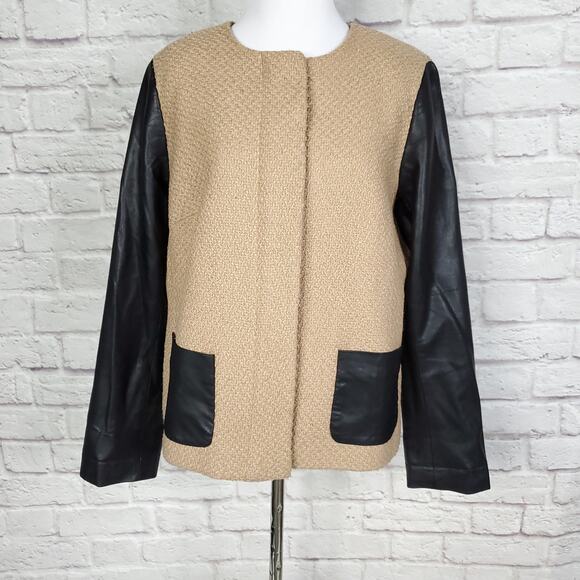Talbots Blazer Jacket Petite Black Tan Faux Leather Sleeves Zip Front Sz 14P - Picture 1 of 12